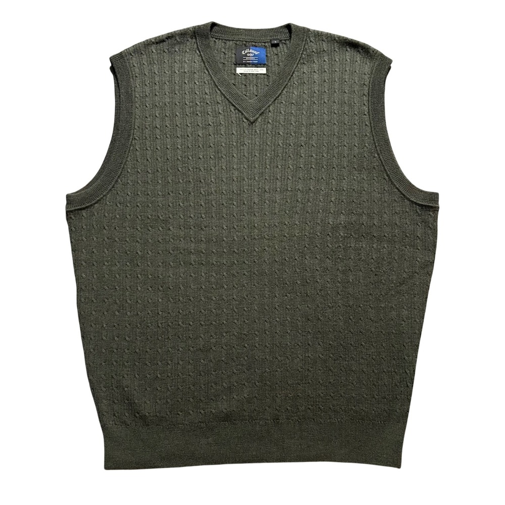 VTG Callaway Golf Sweater Vest Mens L Olive Green Merino Wool Cable Knit V-Neck